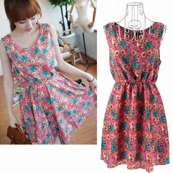 New Sexy Korean Women's Sleeveless Round Neck Flower Mini Dress Casual Summer