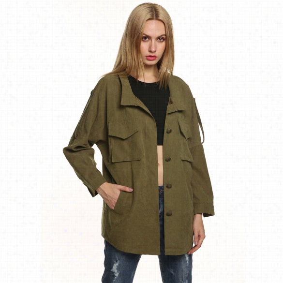 Nwe Stylish Adies Casual Hal Sleeve Pooccket Buttln Solid Loosejackett Coat