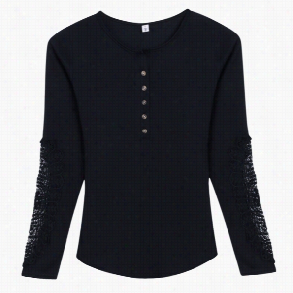 New Stylish Ladies Women Casual Lace Long Sleve O Neck Button Shirt Blouse