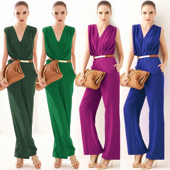 New Stylish Ladies Women Causal V Neck Sleeveless Solid Color Elegant Jumpsuit