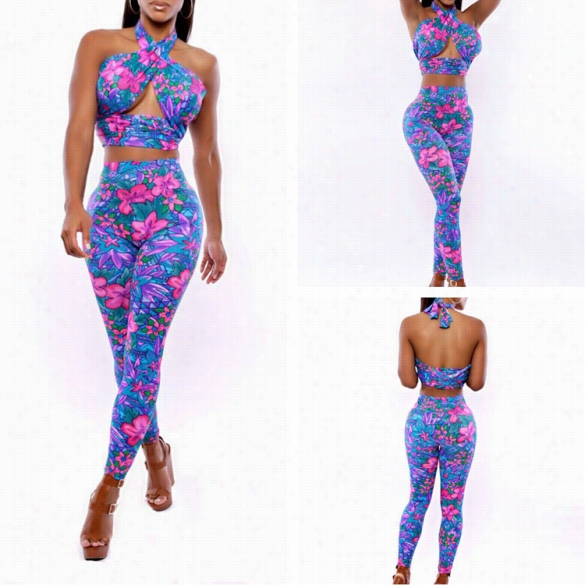 New Stylish Ladies Women Two Pieces Clubwear Bandage Floral Crop Crop And Bodycon Apnts