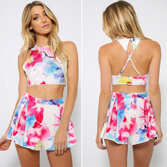New Stylsi H Ladies Women Two Pieces Sexy Casual Floral Backless Crop Top And Shorts