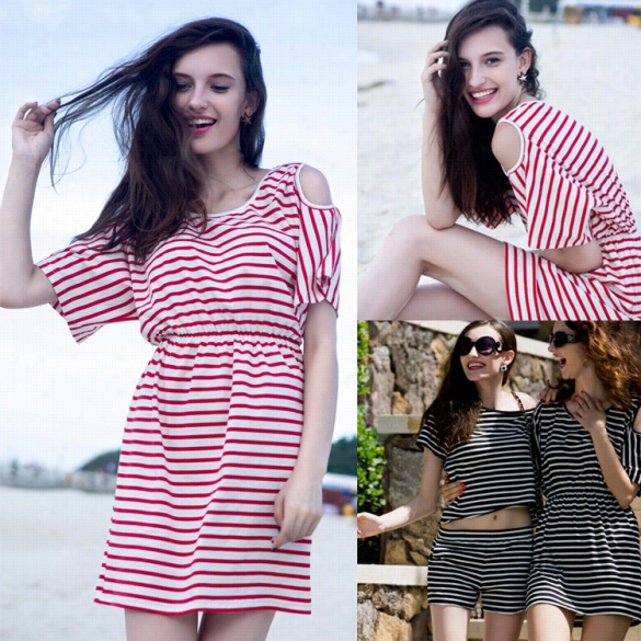 New Stylish Lady Women's Fasion Off Projection Short Sleeve Striped Sexy Striped Drese