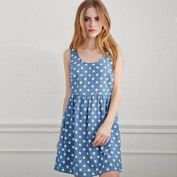 New  Sylishl Ady Womens O-neck Sleeveless Polka Dot Loose Cute Dress