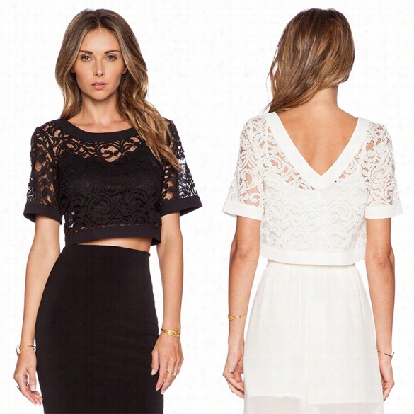 New Sttylish W Omen Fa Shion Short Sleeve O-neck Sexy Hollow Out Lace Crop Tops