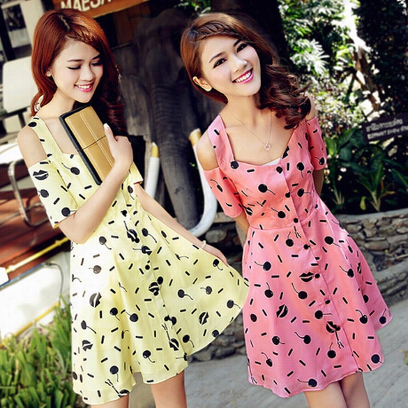 New  Summer Women's Hollow Shoulder Dot Printed Short Sleevechiffon Mini Dress