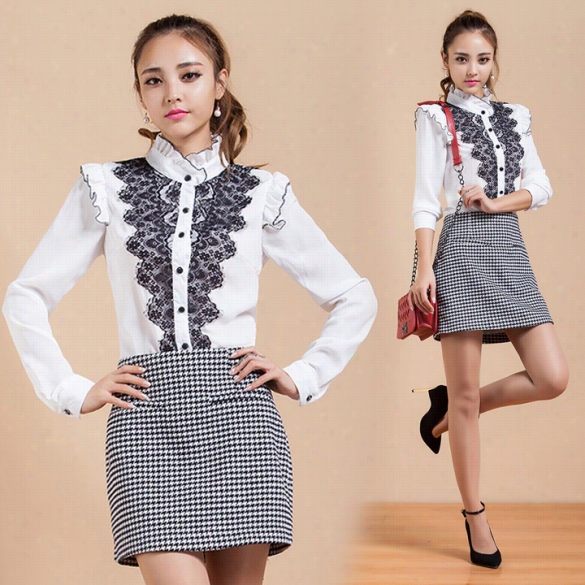 New Woman Elegant Lac E Patchwork Women Blouses Vintage Wi Nter Ruffled Blouse