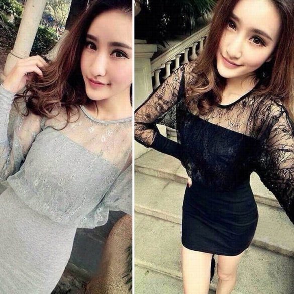 New Women's Fashion O-neck Long Sleeve Sexy Lace Slim Fitting Party Adorn