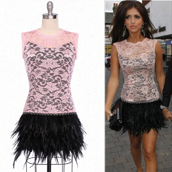 New Women's Ladies Sleeveless Sexy Lace Feather Splicing Bodycon Penicl Dress