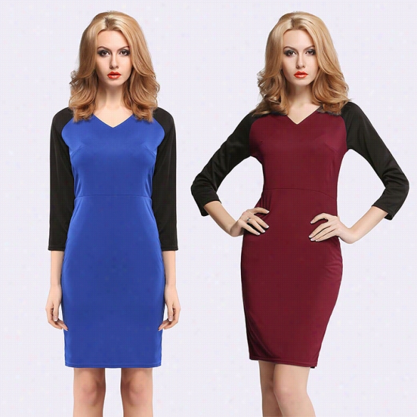 New Women's Ladies Three-quarter Sleeve Sey V-neck Splicing Bodycon Penci Dres S