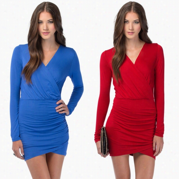 New Women's Sexy Deep V-neck Cross O Ver Hip Package Dress Short Mini Dress