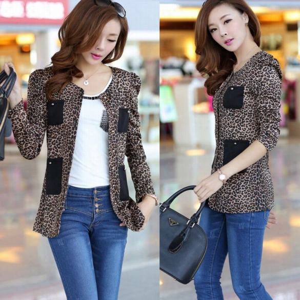 New Womens Slim Stitching Leopard Shrug Coat Suit Jacket Slim Outwear