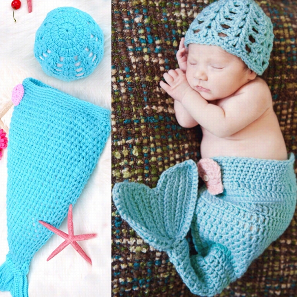 Newborn Baby Blue Mermaid At Infant Knit Swea Tercrochet Photograhpy Prop Hat Outfit