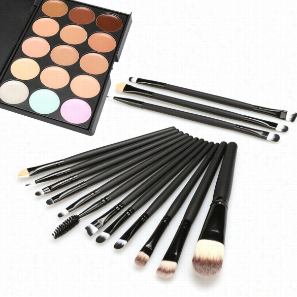 Professional Cream Makeup Cosmetic Tool 51 Colors Concealer Contour Palette Kit + 15pcs Powder Foundation Brush Set