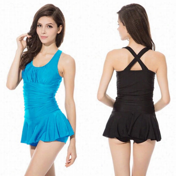 Sexy Ladies Women Back Cross One Piece Ruched Sexy Slim Swim Dress