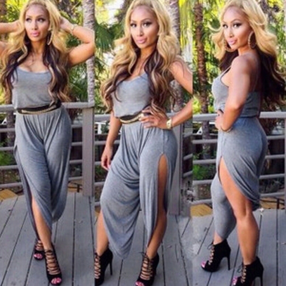 Sexy Stylish Ladies Women Gray Spqghetti Strap Hollo W Legs Jumpsuit Mper