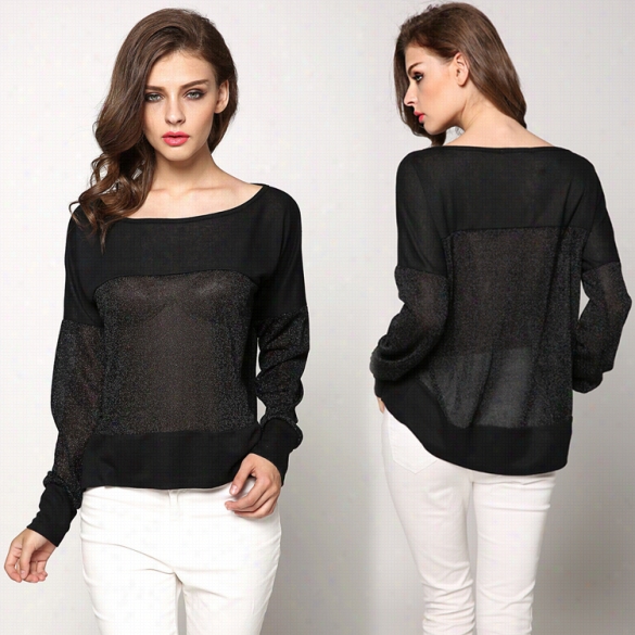 Sexy Women Casual O-neeck Long Sleeve Blouse Splice Lloose Sheer Asymmetric Hem Blouse Tops