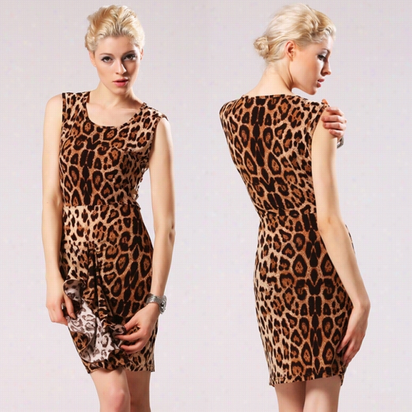 Sexy Women Ladiesleopard Sleeveless Sliim Bodycon Irregular Frnt Accidental Mini Dress