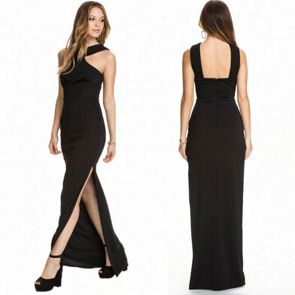 Sexy Women O-neck Sleeveless Backlwss Side Split Bodycon Party Evenign Maxi Dress