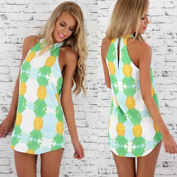 Sexy Women Sleeveless Round Neck Print Stretch Slim Mini Beach Dress