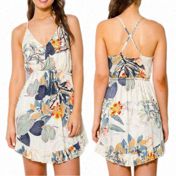 Sexy Women Spagh Etti Strap V-neeck Floral Summer Beach Backless Mini Dress