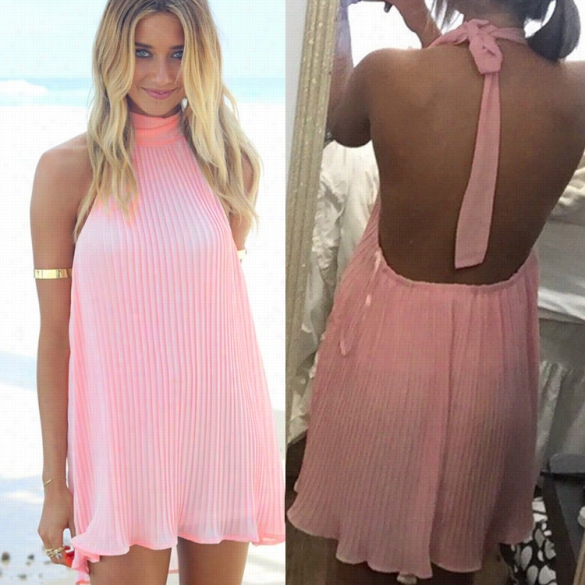 Sexy Women Summer Halter Sleeveless Dress S Olid Stretch Backless Mini  Beach Dress