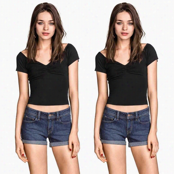 Sexy Women V Neck Short Sleeve Solid Slim Ruched Casual Crop Top Short Blouse