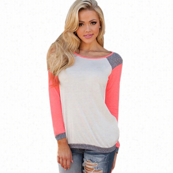 Stylish Ladies Casual O-neck Long Sleeve Splicing Slim Top Blouse