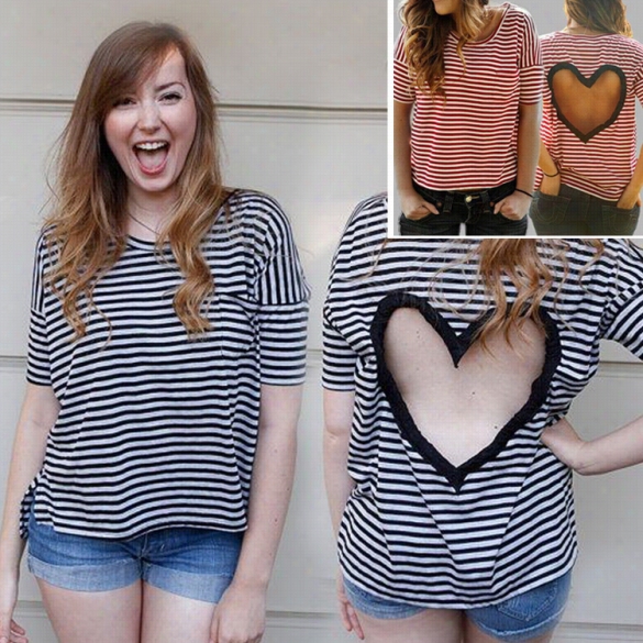 Stylish Ladies Women Casual Round Neck Back Heart Shape Hollow Stripe T-shirt  Tops
