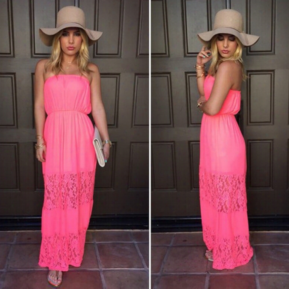 Stylish Ladies Women Sexy Strapless High Waist Lace Patchw Ork Pleated Beach Party Maxi Dress