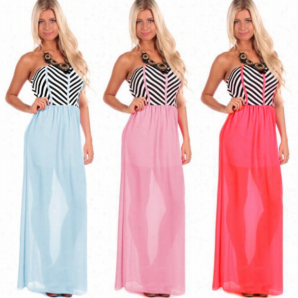 Stylish Ladies Women Sexy Striped Splcing Chiffon Tube Tops Maxi Long Dress