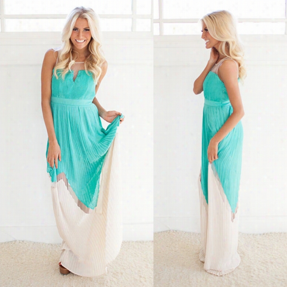 Stylish Ladies Women Sleeveless Sundress Patchwork High Waist Casual Beach Slim Maxi Dress