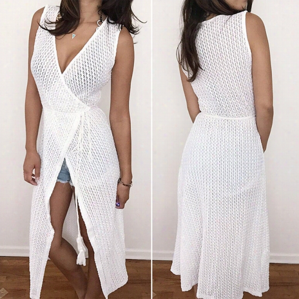 Stylish Lady Women Ccasual V-neck Sleeveless Crochet Cardigan Maxi Beach Dress Cover Ups