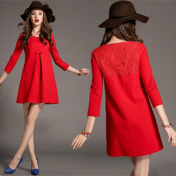 Stylish Lady Women O-neck 3"4 Sleeve Lace Patchwkrk Thick Bow Slim Party Casual Cocktail Dress
