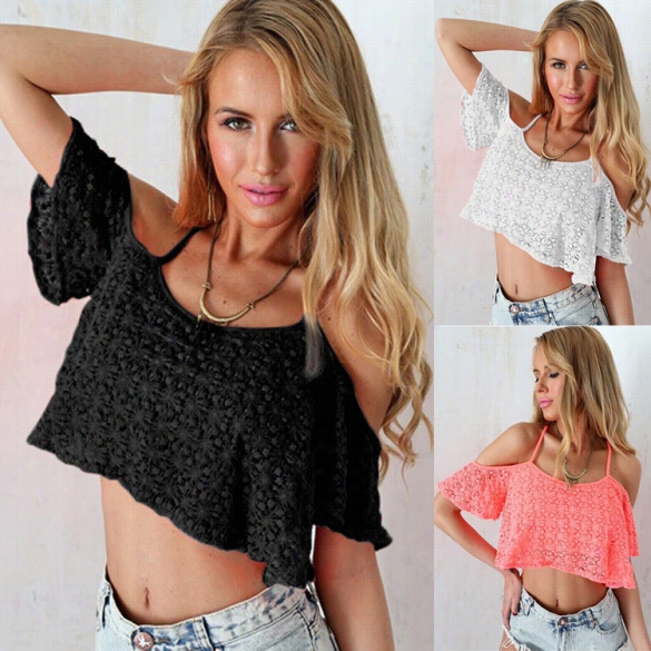 Fashionable L Ady Women Sexy Cross Strap Lace Hollow Out Off-shoulder Casual Club Slim Crop Tops