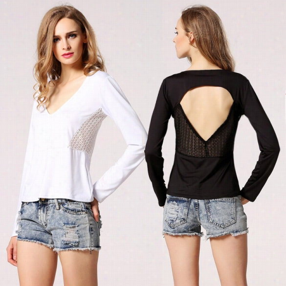 Stylihs Ladyy Women Sexy Deep V-neck Remote Ollow Lace Decr Slim Casual T-shirt Tops