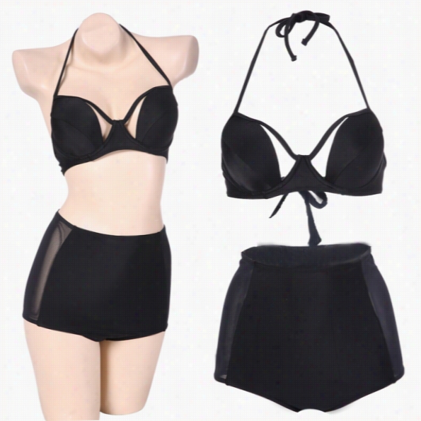 Stylish Lady Women Sexy V-neck Haltr Bandage High Waist Mesh Patchwork Swimsuit Beach Slim Bikini Set