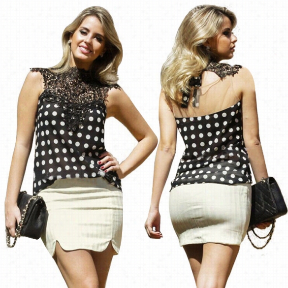 Stylish Lady Women's Casual Sexy Transparenthhigh Collar Sleeveless Polka Do Tlace Chiffon Shirt