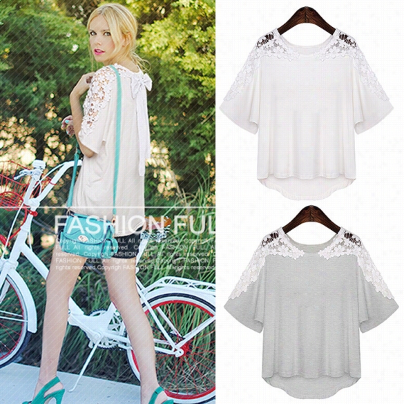 Stylish Lday Women's Fashion Casual Irregulra Lace Short Sleeve Projection Hollow Out T-shirt