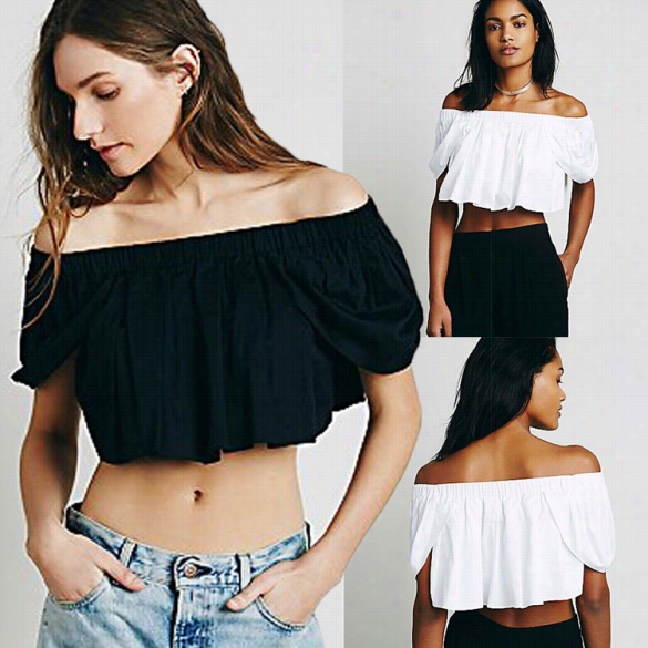 Stylish Lady Women's Fashion C Asual Sexy Oof-fshoulder Short Sleeve Solid Crop Top