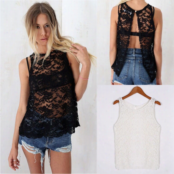 Place Of Debauchery Lish Lady Women's Fashion Casual Sleeveless Backless Lace Floral Tops Blouse Shirt