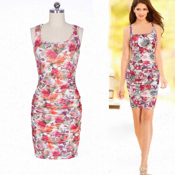 Stylish Wife Women's Floral Square Neck Stretch Bodycon Pleated Tank Mini Dress