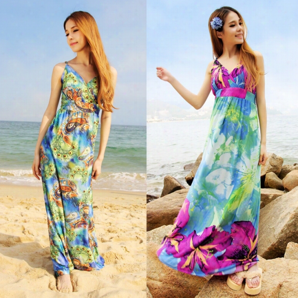 Stylish Lady Women's Sexy Strap V-neck Stretch Multi-color Beach Faction Long Dress