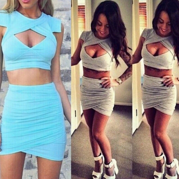 Stylish Sexy Lady's 2pcs Boodycon Slim Dress Front Ho Le Short Tops + Mini Skirt