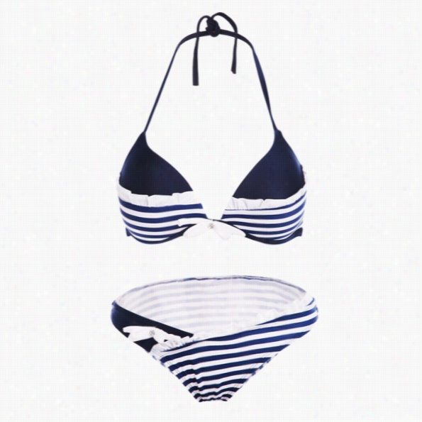 Styliish Sexy Women's Halter Stripe Bowknot Bikini Beach Swimsuit Swimwear