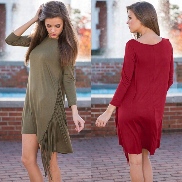 Stylish Women Casual Beach O Neck 3"4 Sleeve Loose Tassel Solid Mini Dress