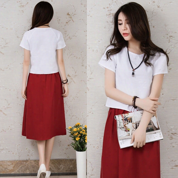Stylish Women Girl Looose Elegant Vintage Twinset Expansi On Meduim-long Dress Linen Tops+  Skirt