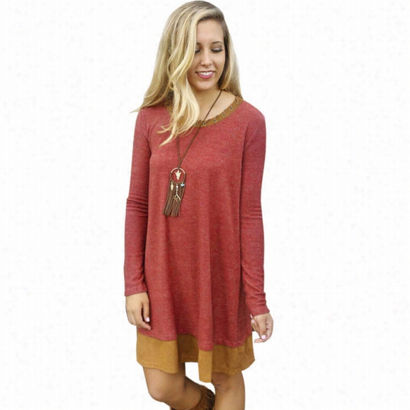 Stylish Women Leisure Loose Dress Splicing Long Sleeve Bandage Casual Dress