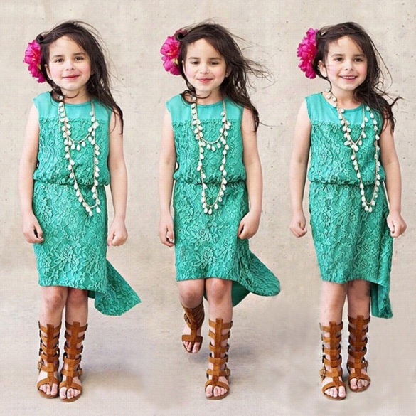 Summer Kids Cchildren Girl Stylish Laces Titching Elastic Waist Casual Dress