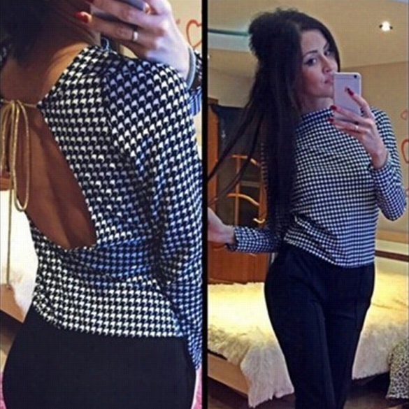 Summer Stylish Women Houndstooth Deep Uot Gold S Trap Backless Tops